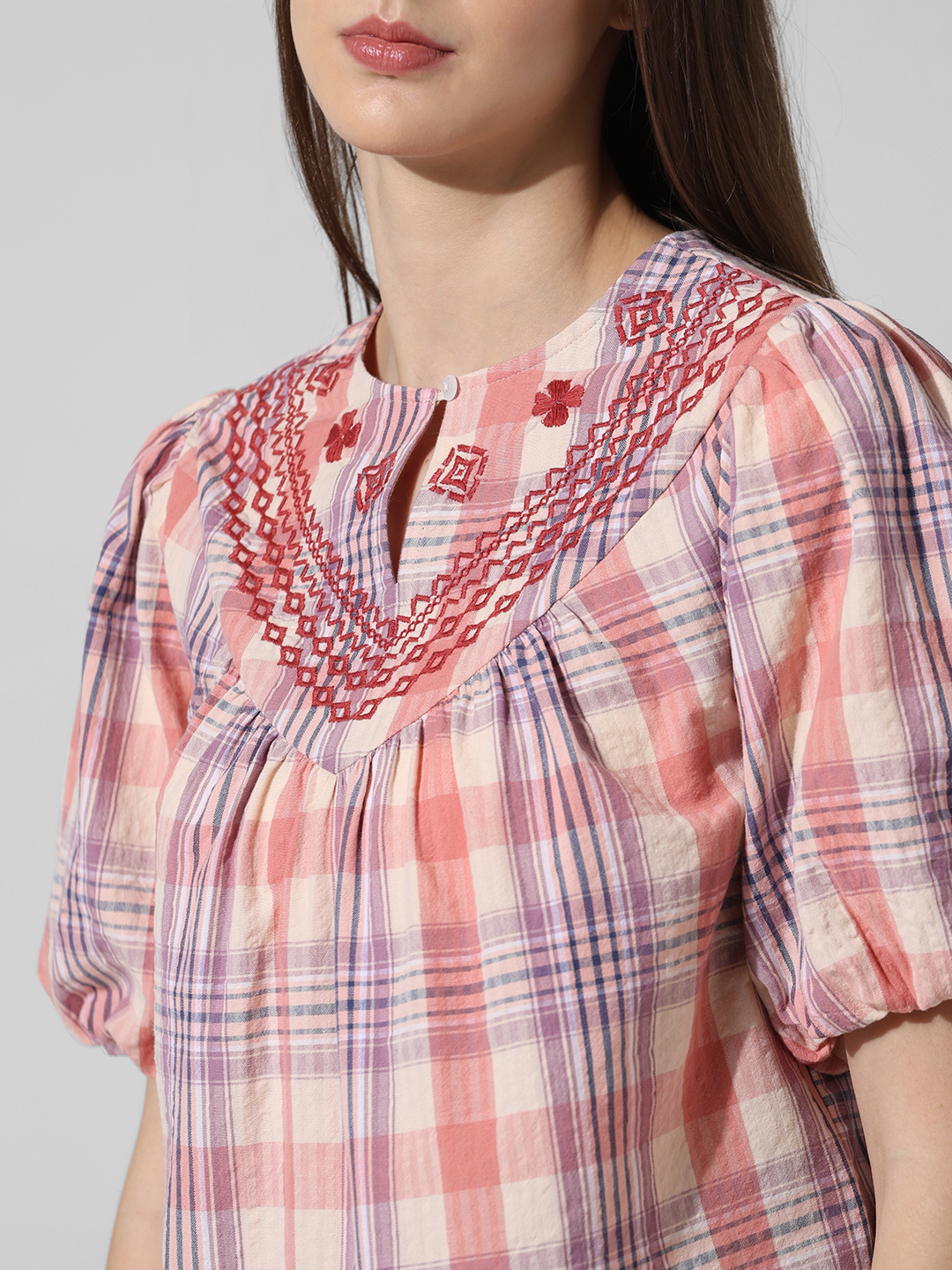 ONLY Women Checkered Pink Top