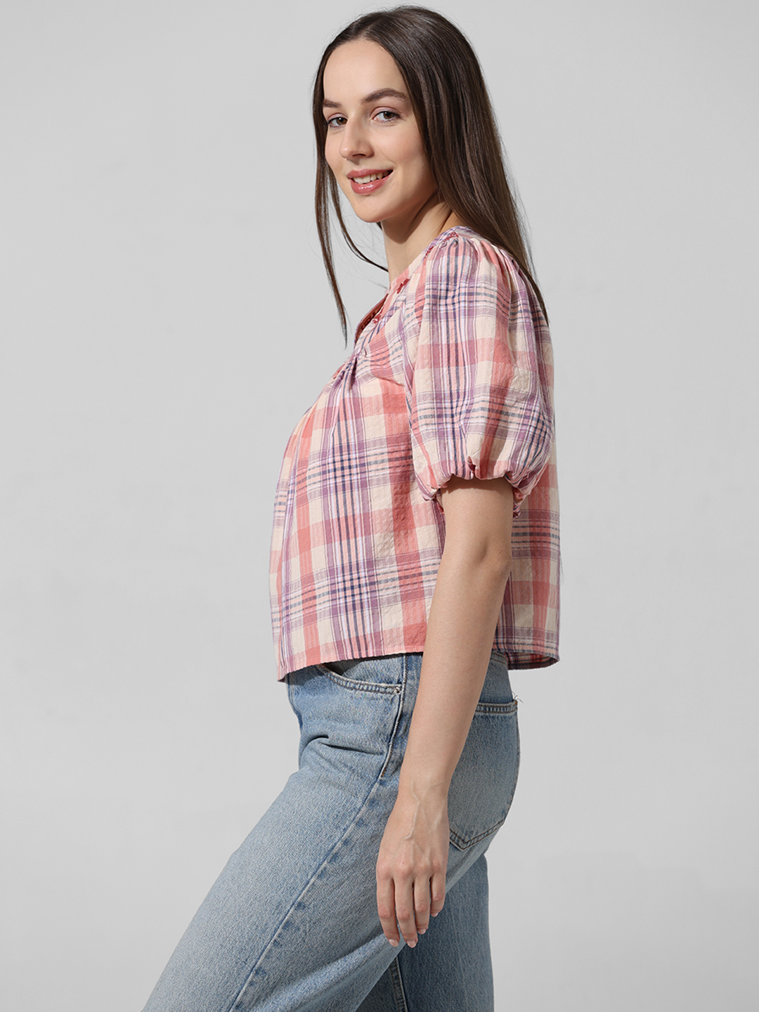 ONLY Women Checkered Pink Top