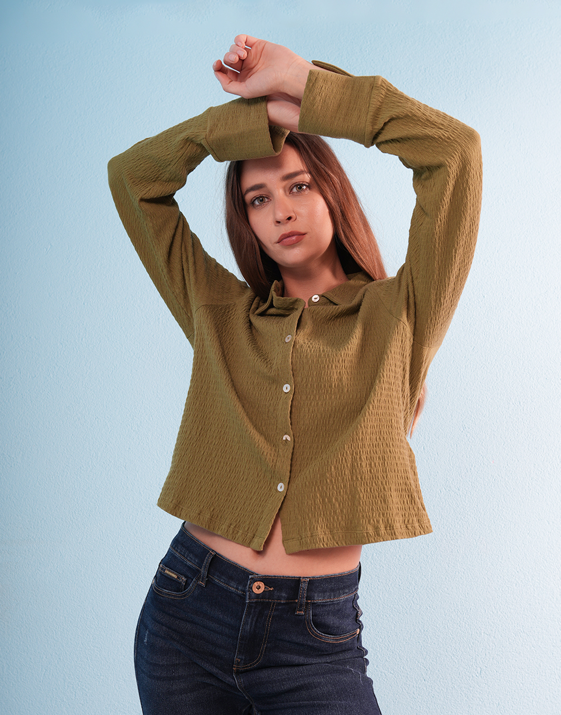 ONLY Women Self Design Green Shirt