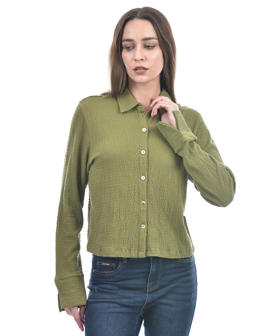 ONLY Women Self Design Green Shirt