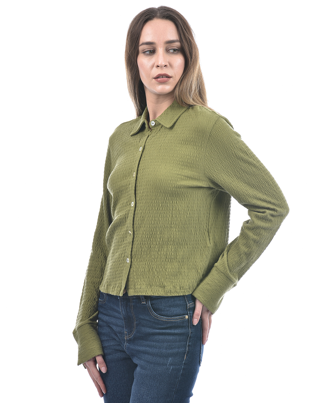 ONLY Women Self Design Green Shirt