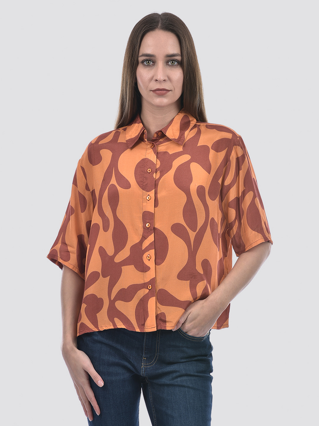 ONLY Women Printed Orange Shirt