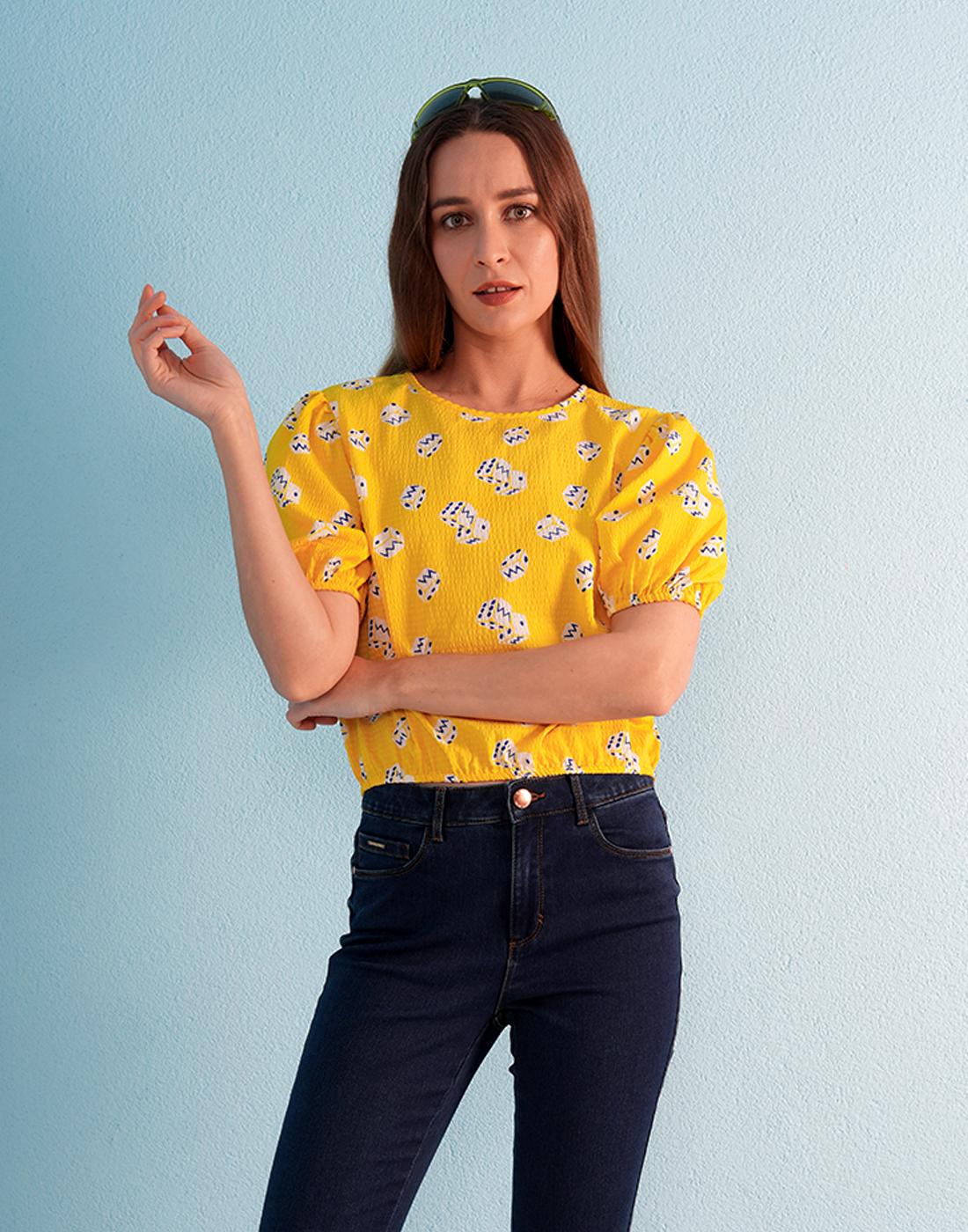 ONLY Women Abstract Yellow Top