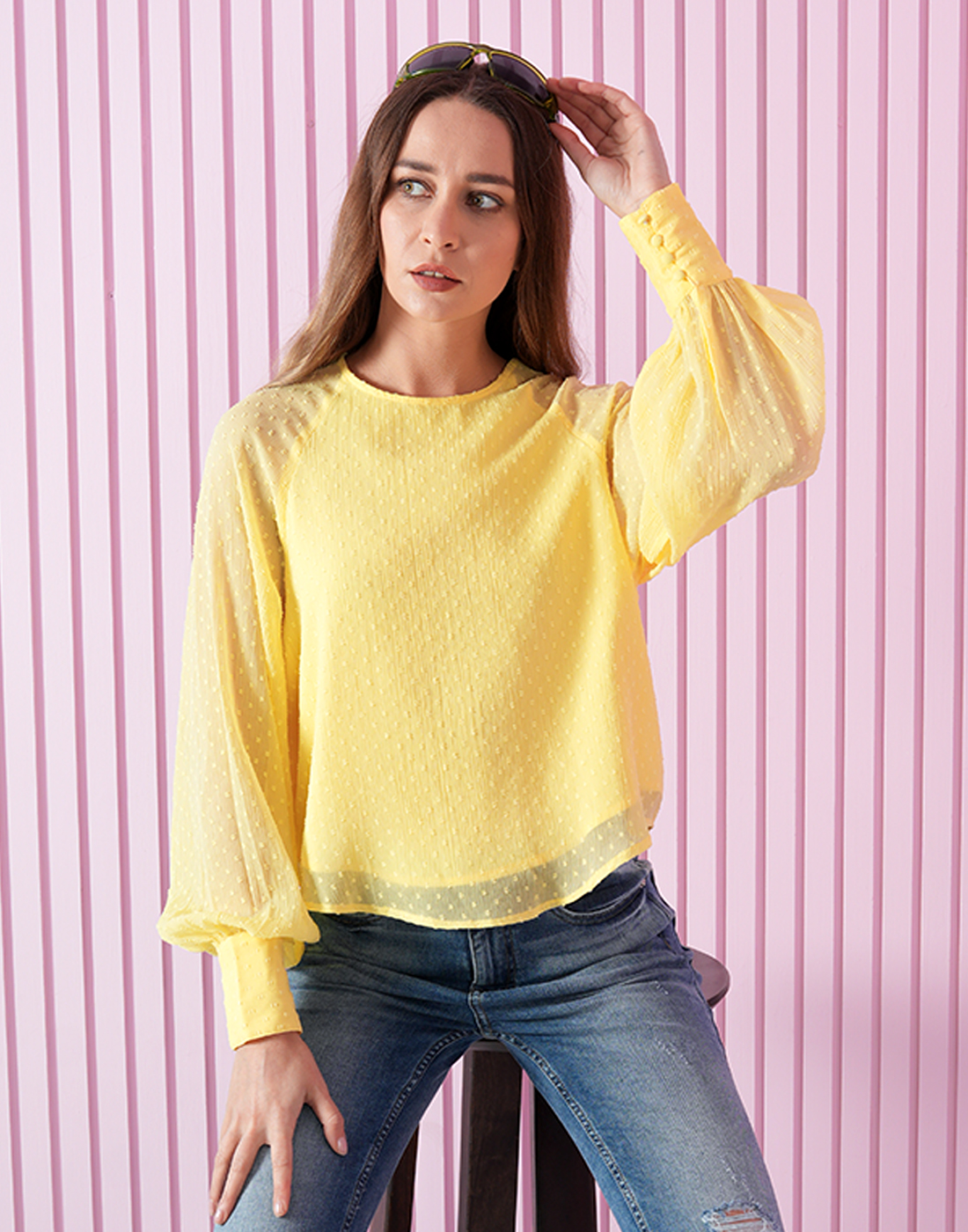 ONLY Women Self Design Yellow Top