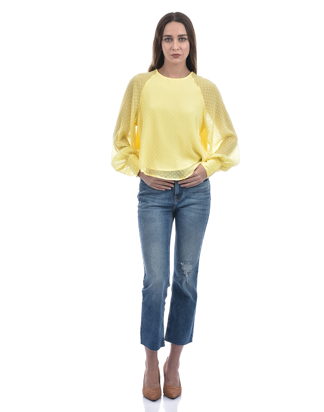 ONLY Women Self Design Yellow Top