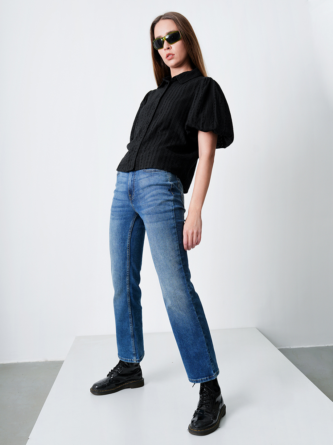 ONLY Women Self Design Black Shirt