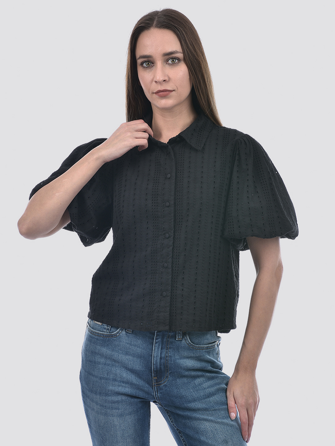 ONLY Women Self Design Black Shirt