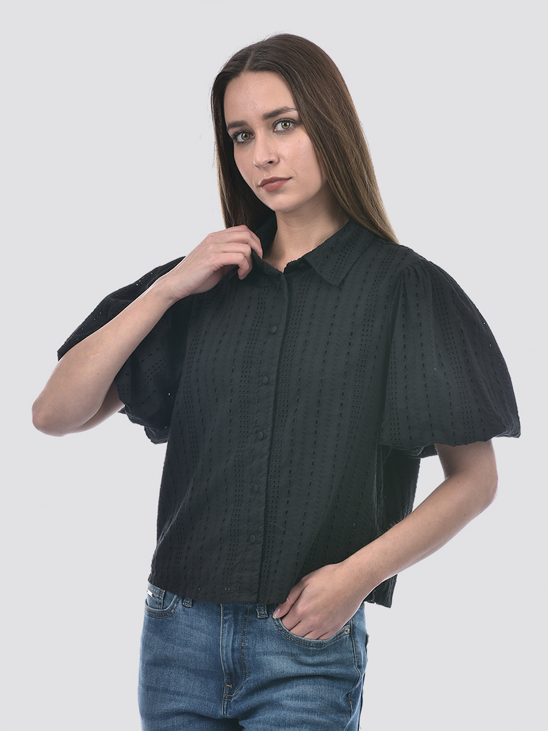 ONLY Women Self Design Black Shirt