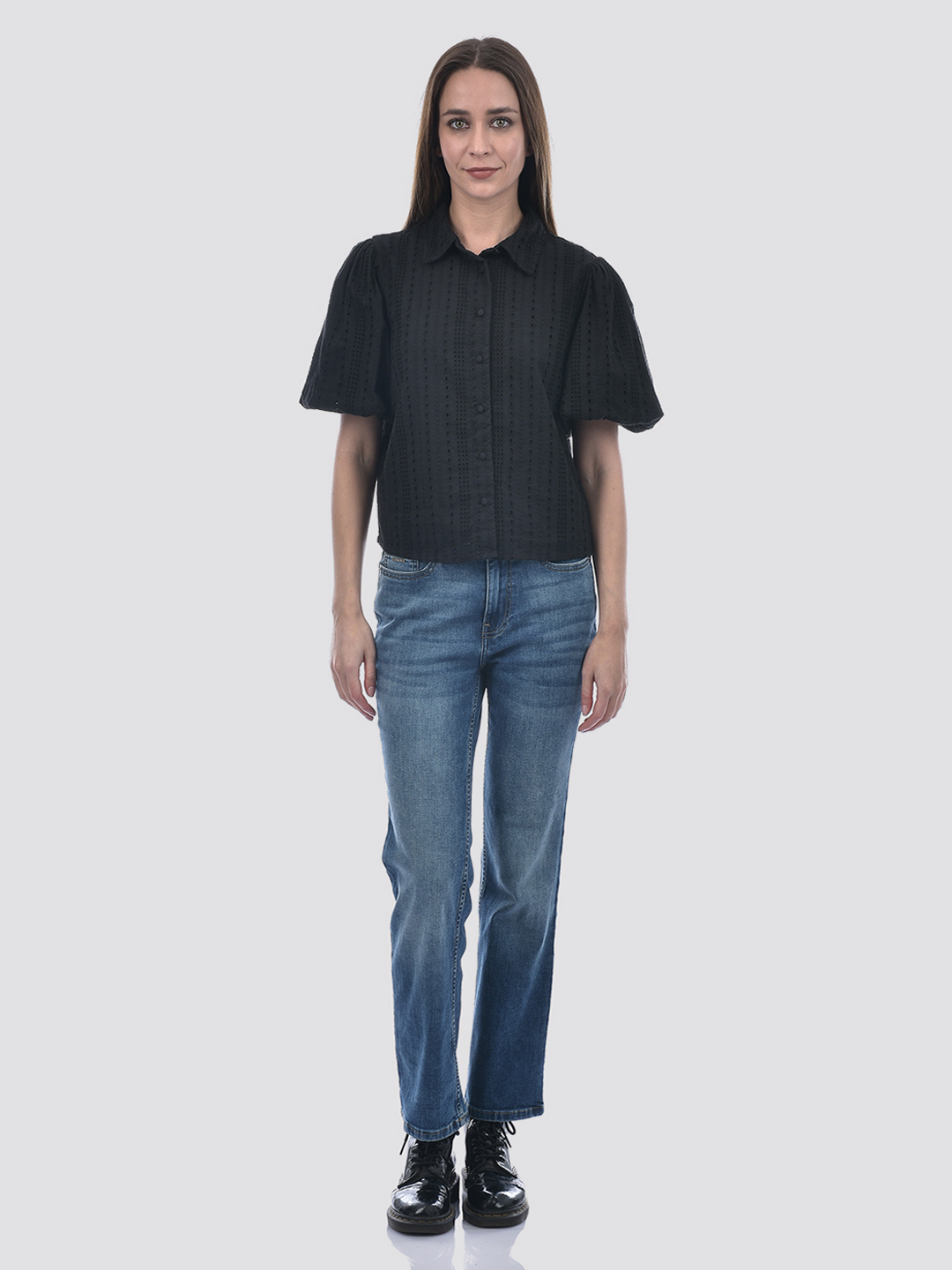 ONLY Women Self Design Black Shirt