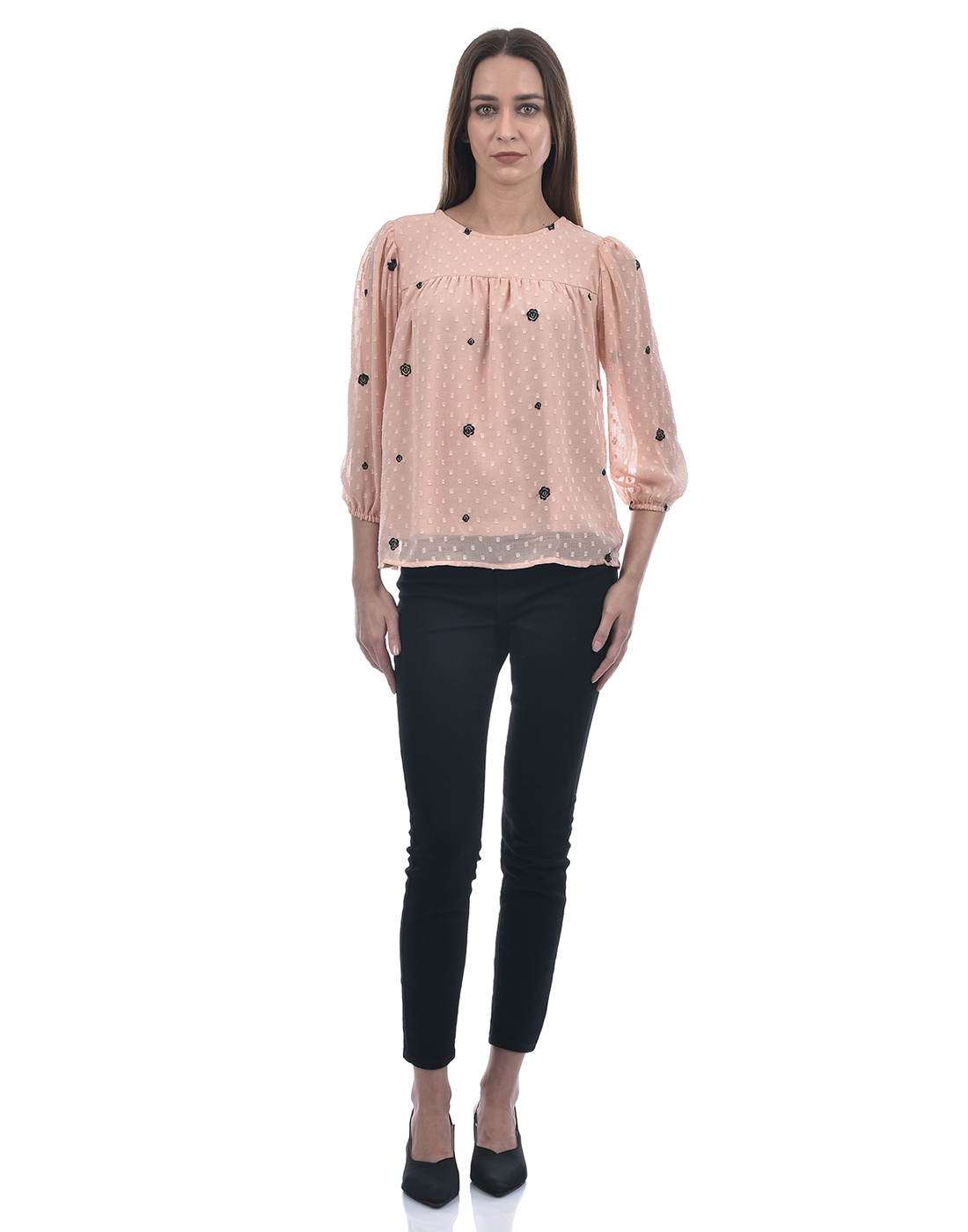 ONLY Women Embroidered Peach Top