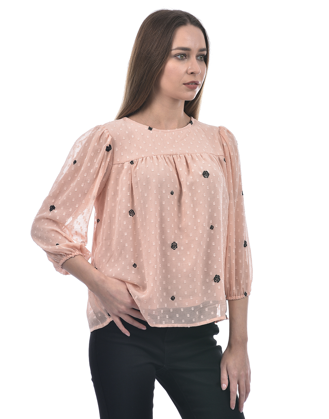 ONLY Women Embroidered Peach Top