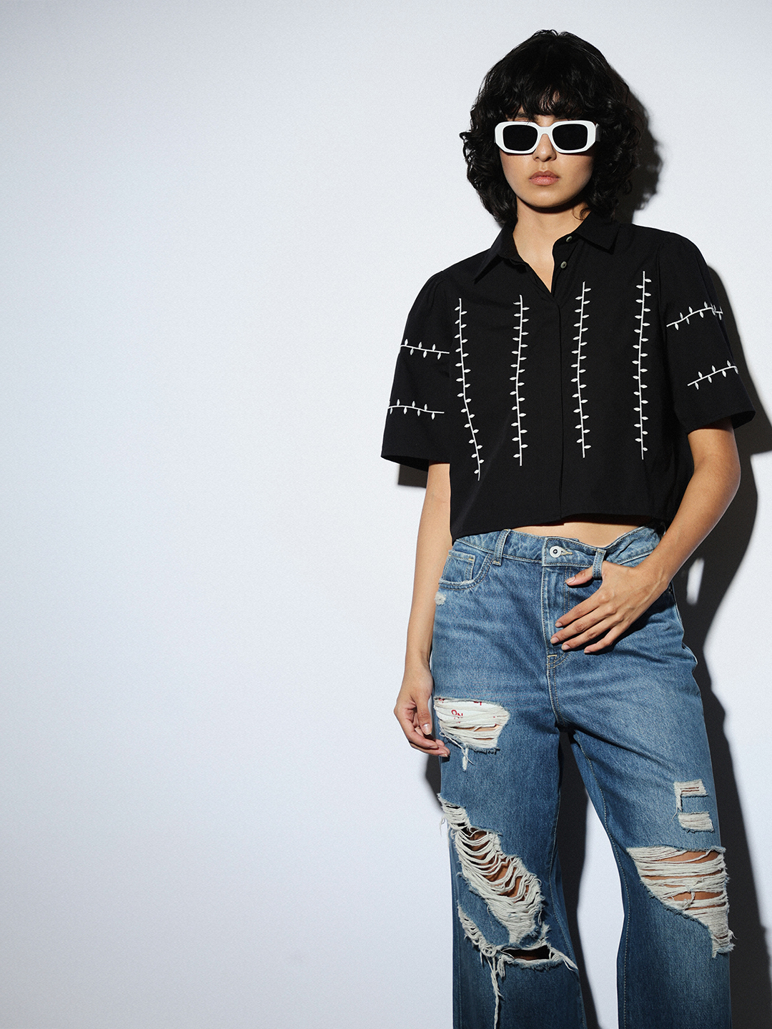 ONLY Women Embroidered Black Shirt