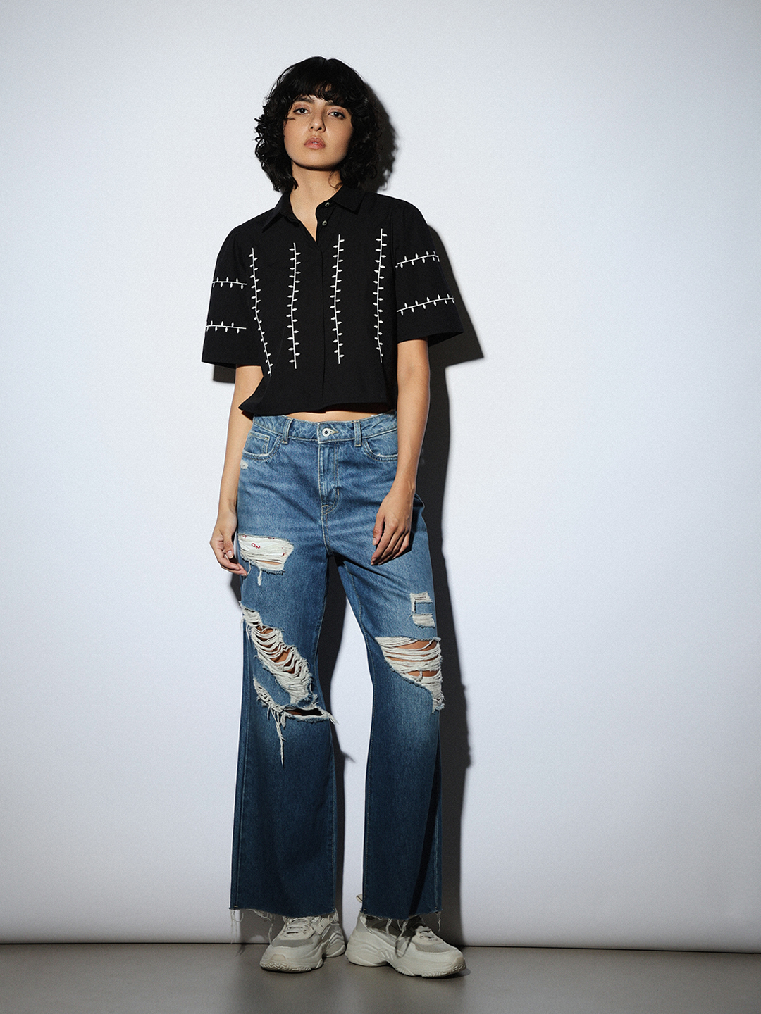 ONLY Women Embroidered Black Shirt
