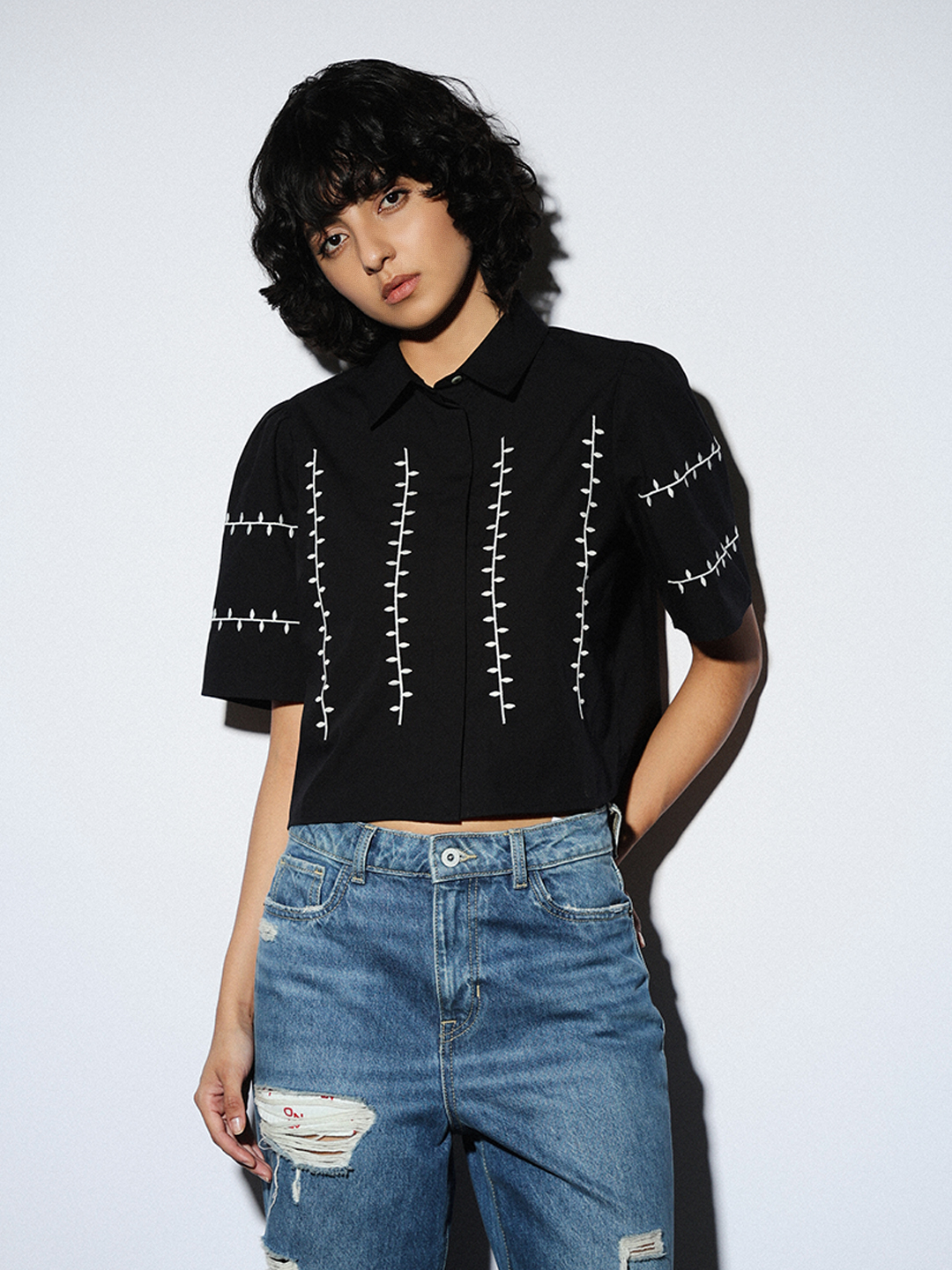ONLY Women Embroidered Black Shirt