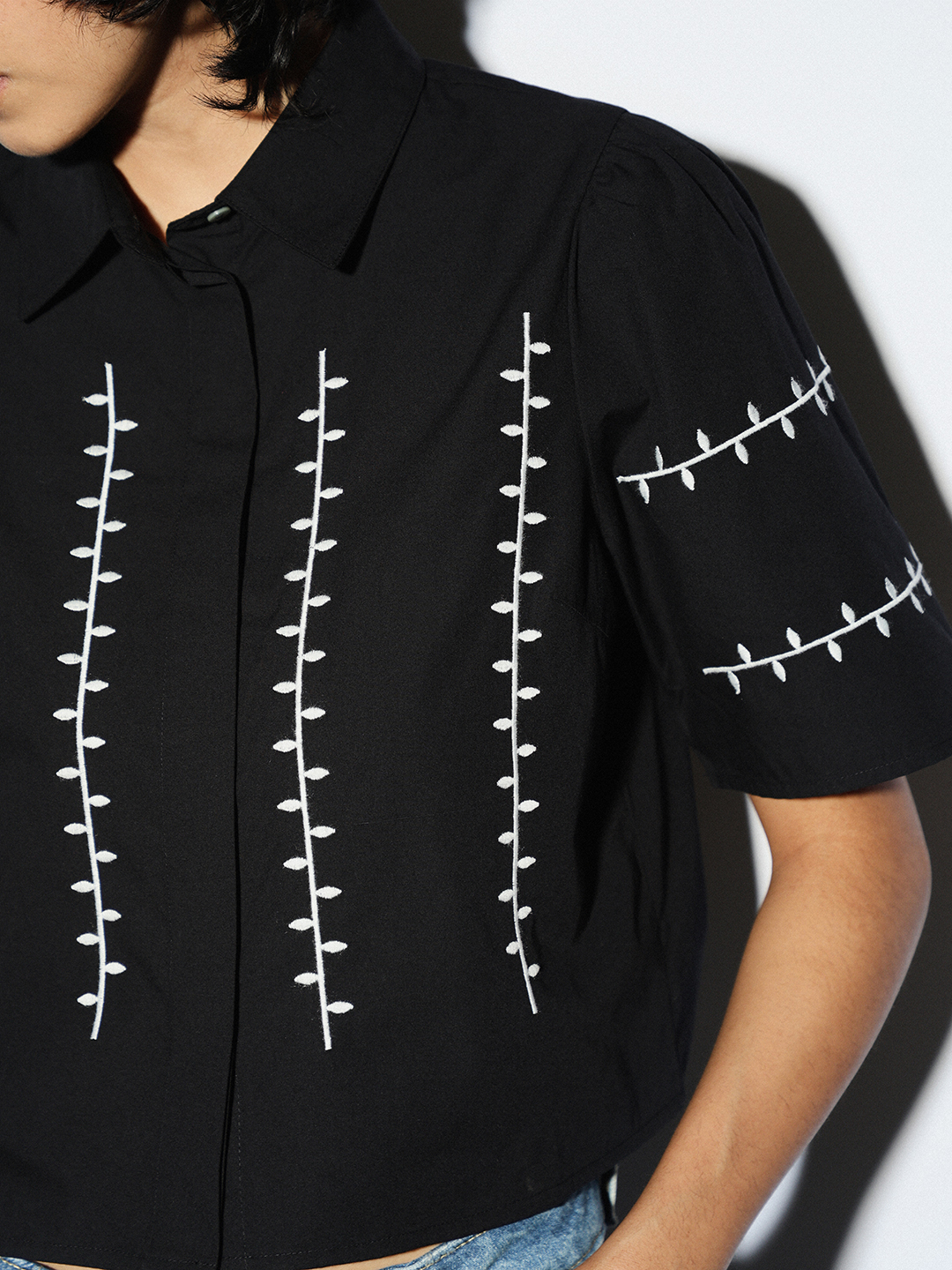 ONLY Women Embroidered Black Shirt