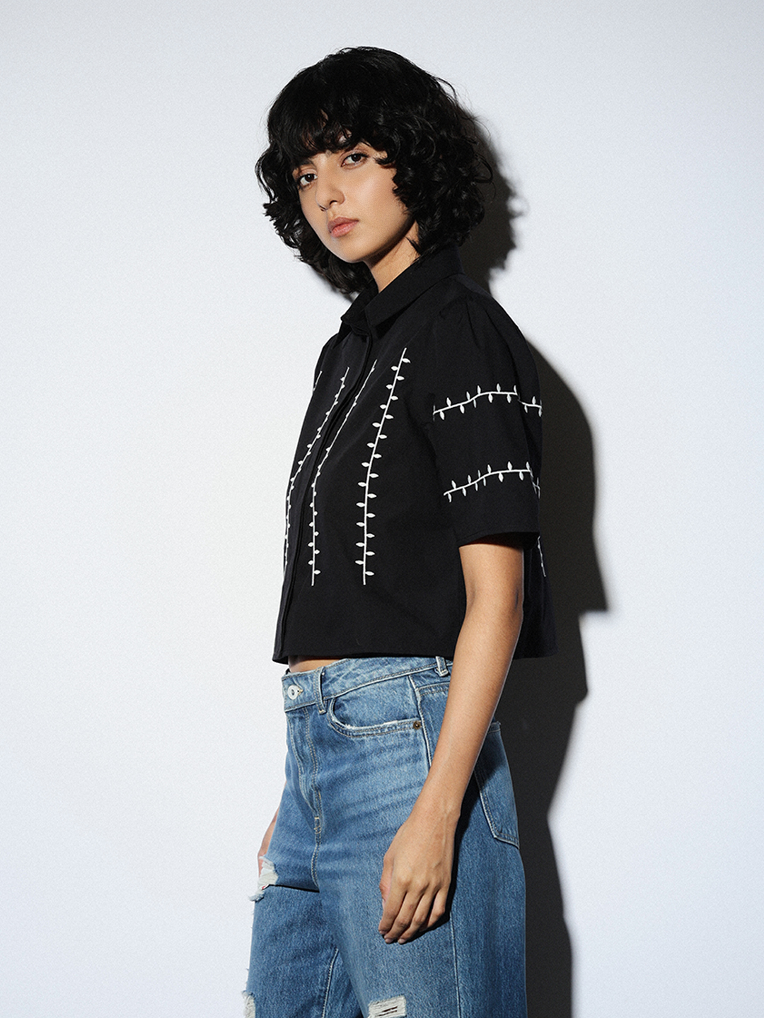 ONLY Women Embroidered Black Shirt