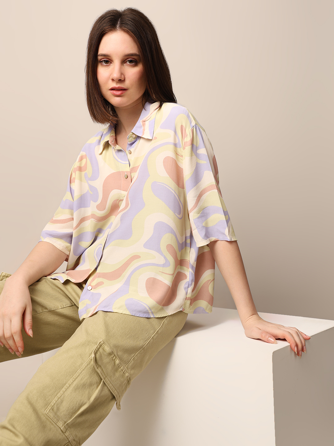 ONLY Women Printed Beige Shirt