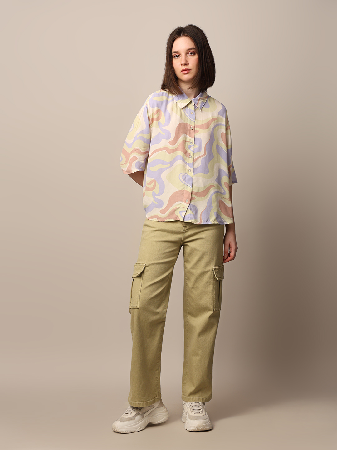 ONLY Women Printed Beige Shirt
