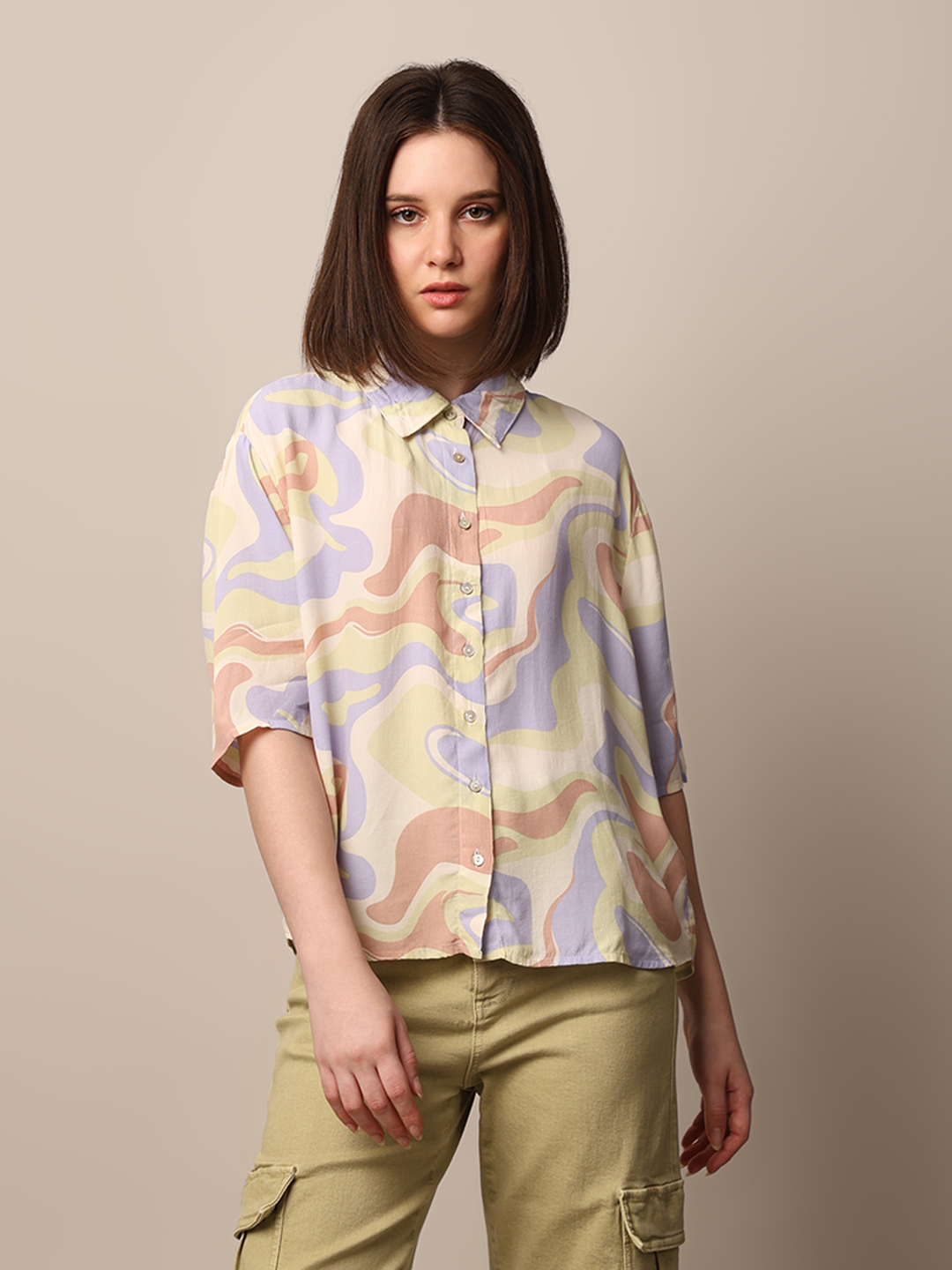 ONLY Women Printed Beige Shirt