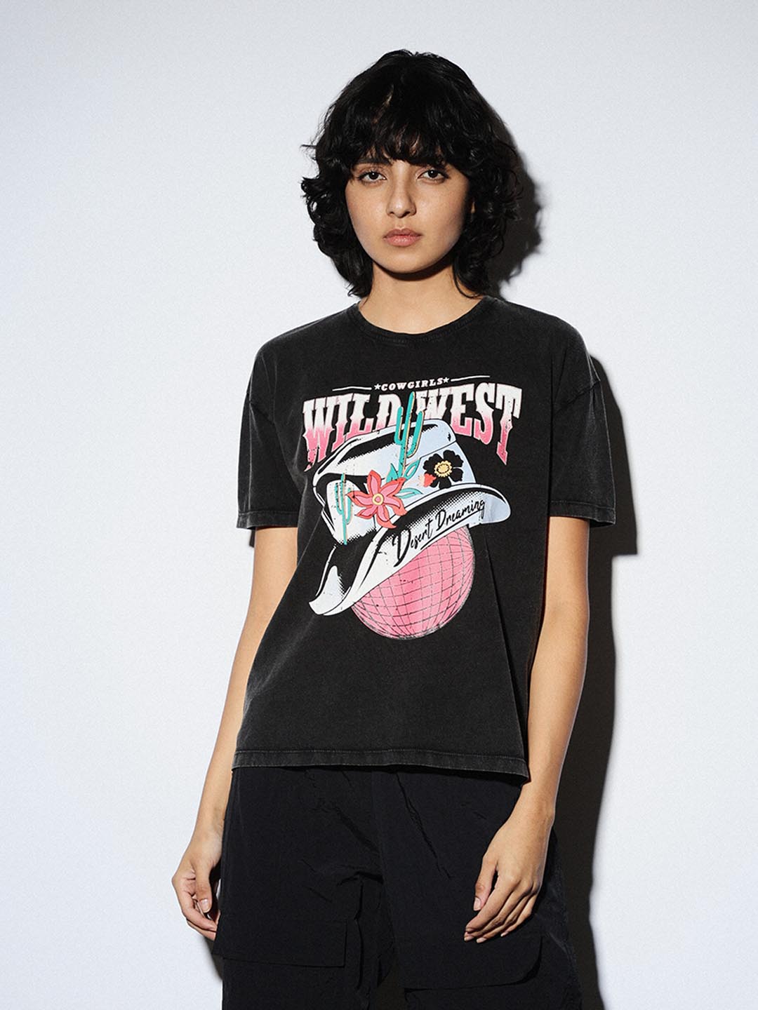 ONLY Women Printed Black T-Shirt