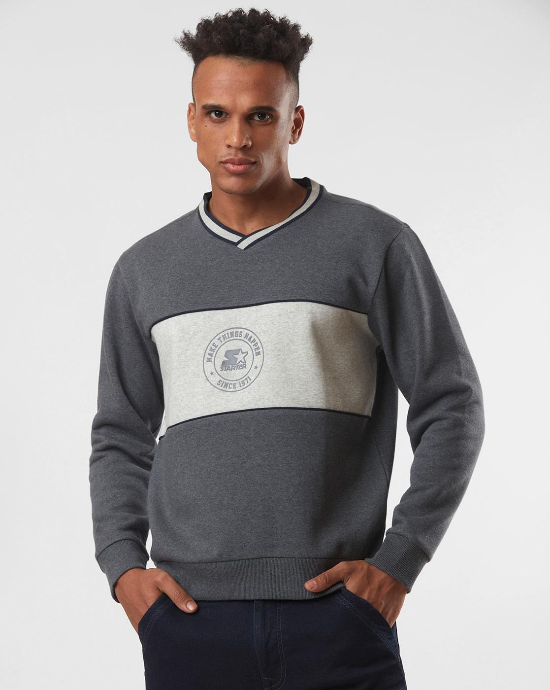 Starter Men Color Block Grey Sweatshirt