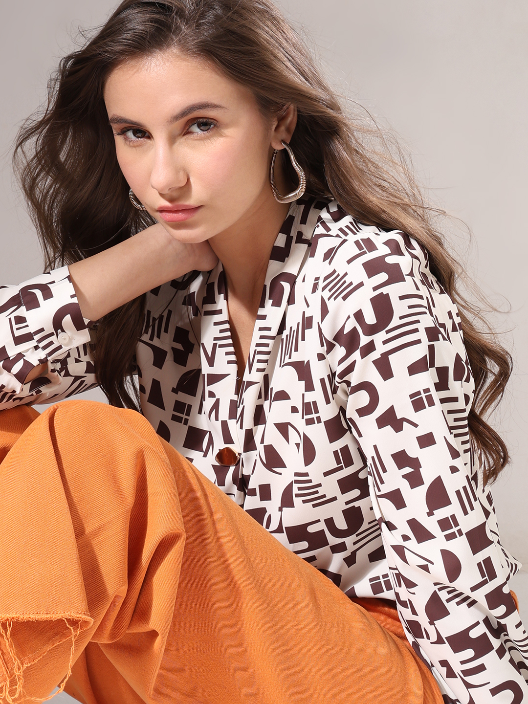Vero Moda Women Abstract Beige Top