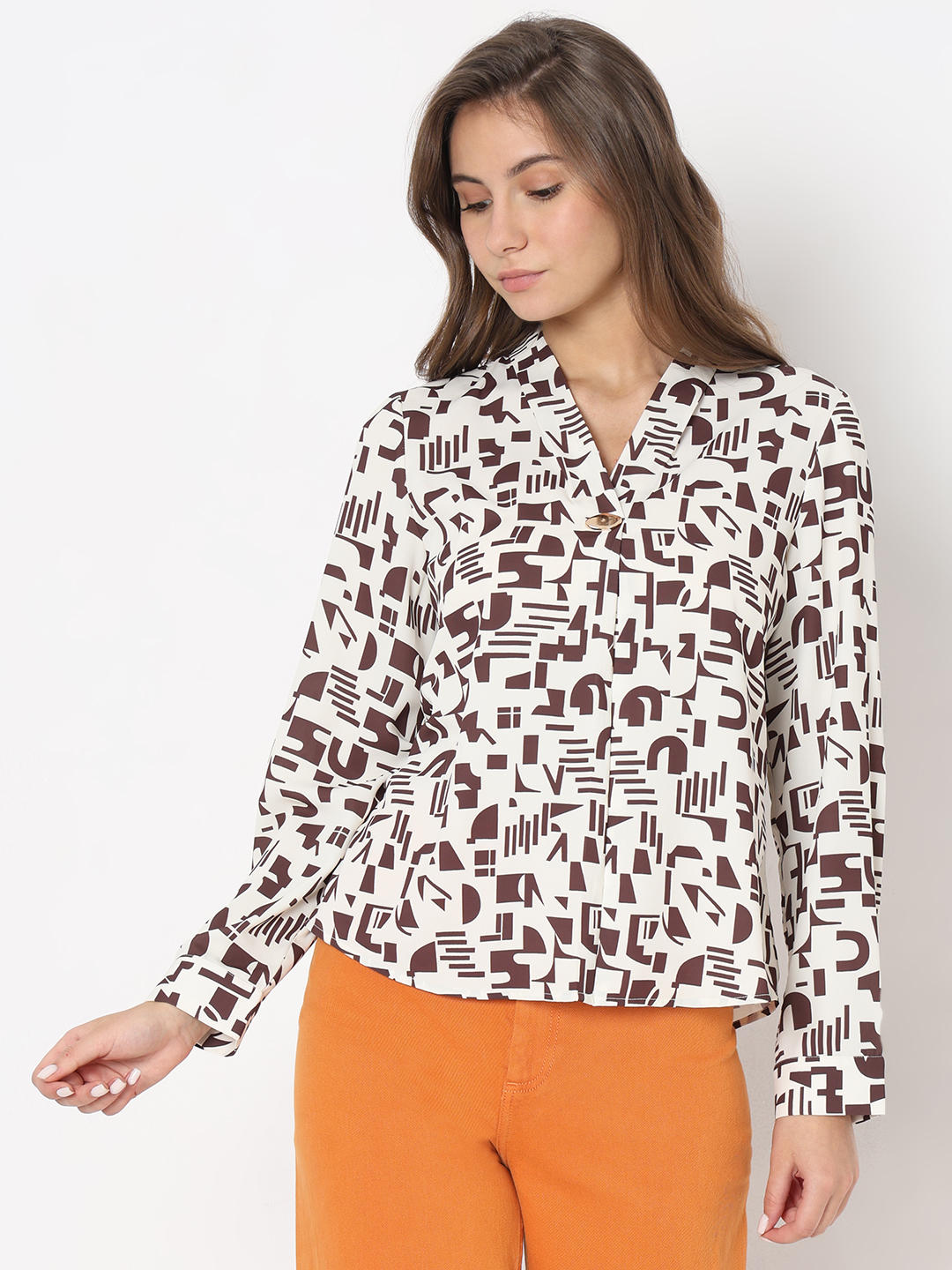 Vero Moda Women Abstract Beige Top