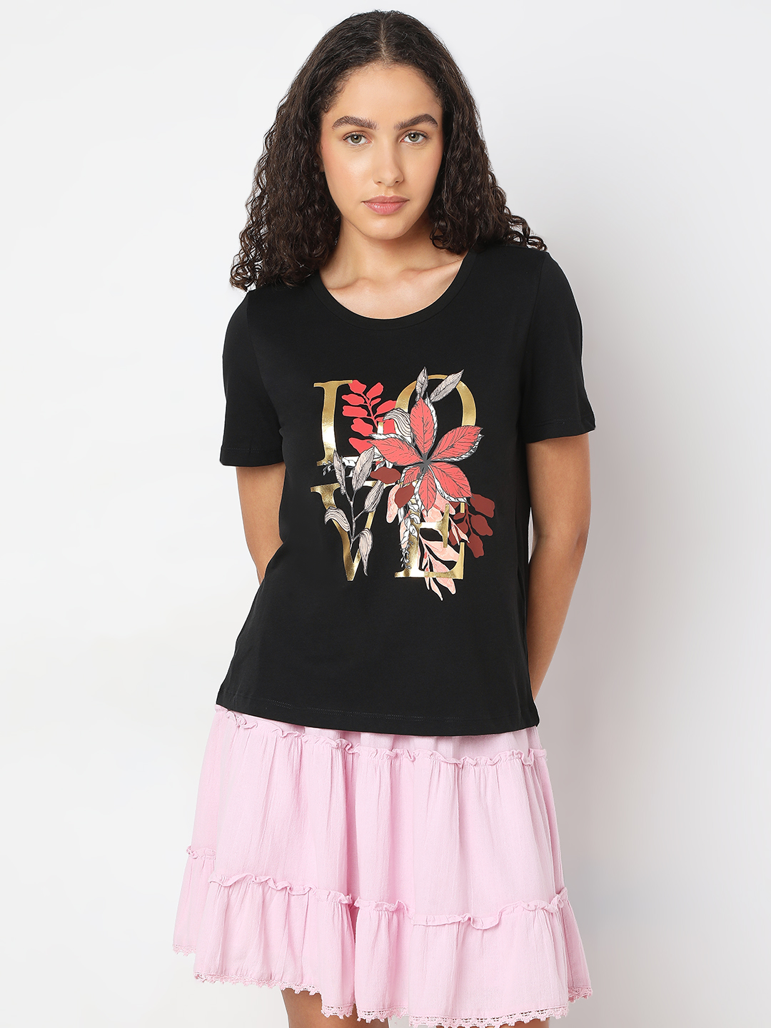 Vero Moda Women Floral Print Black T-Shirt