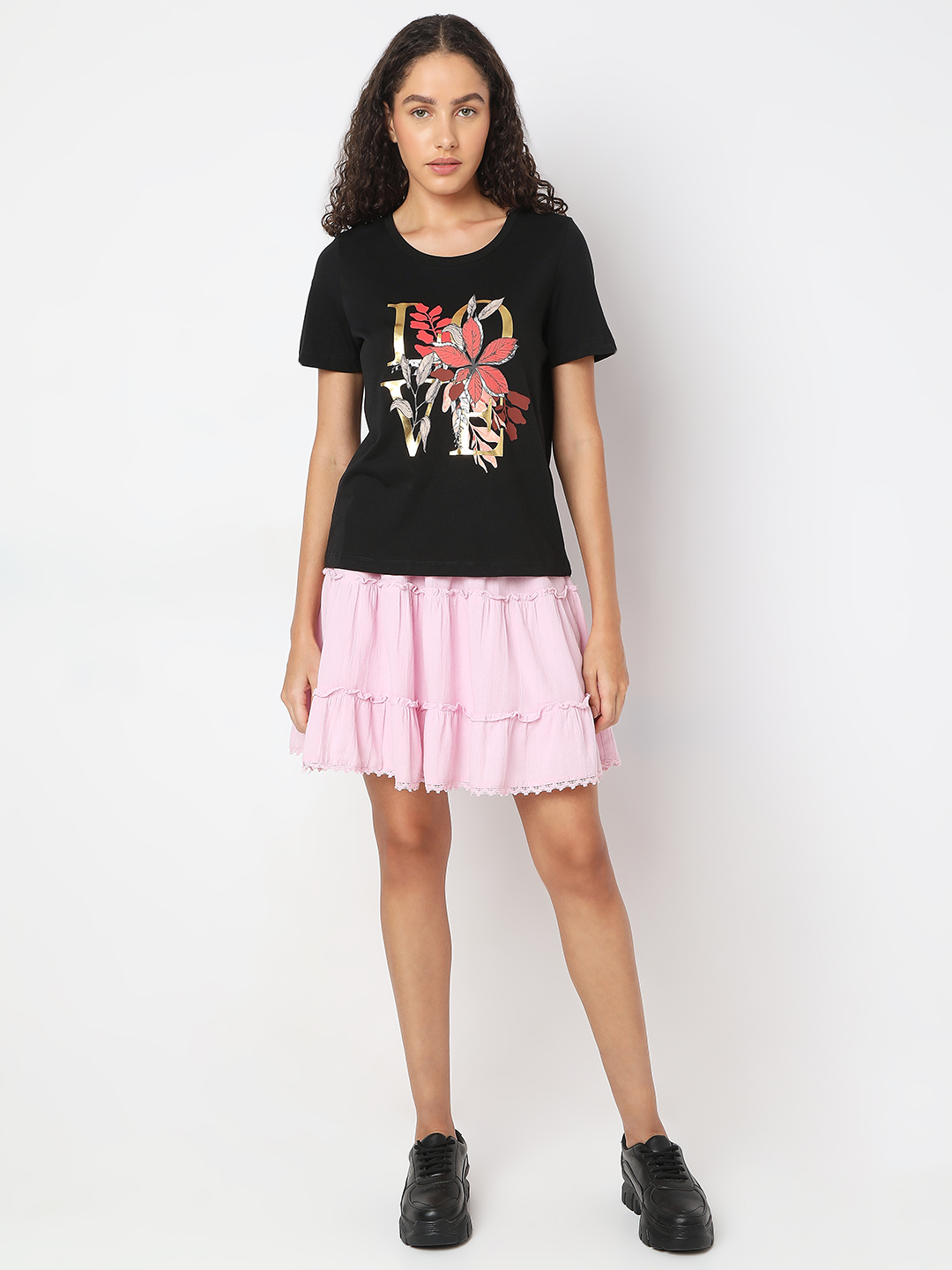 Vero Moda Women Floral Print Black T-Shirt
