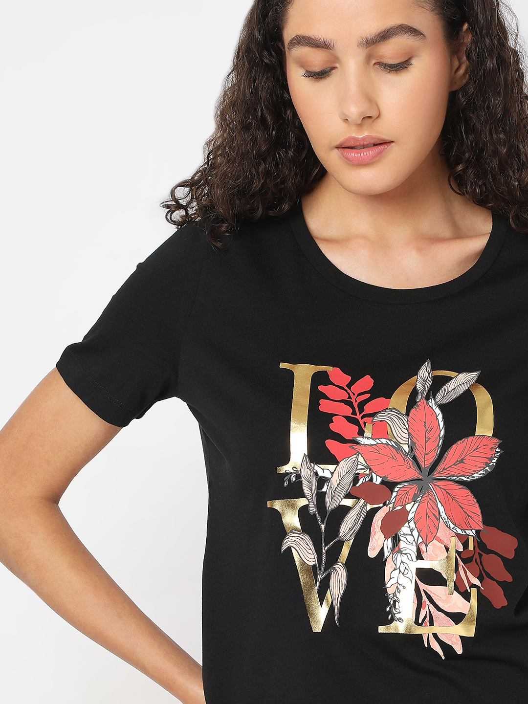 Vero Moda Women Floral Print Black T-Shirt