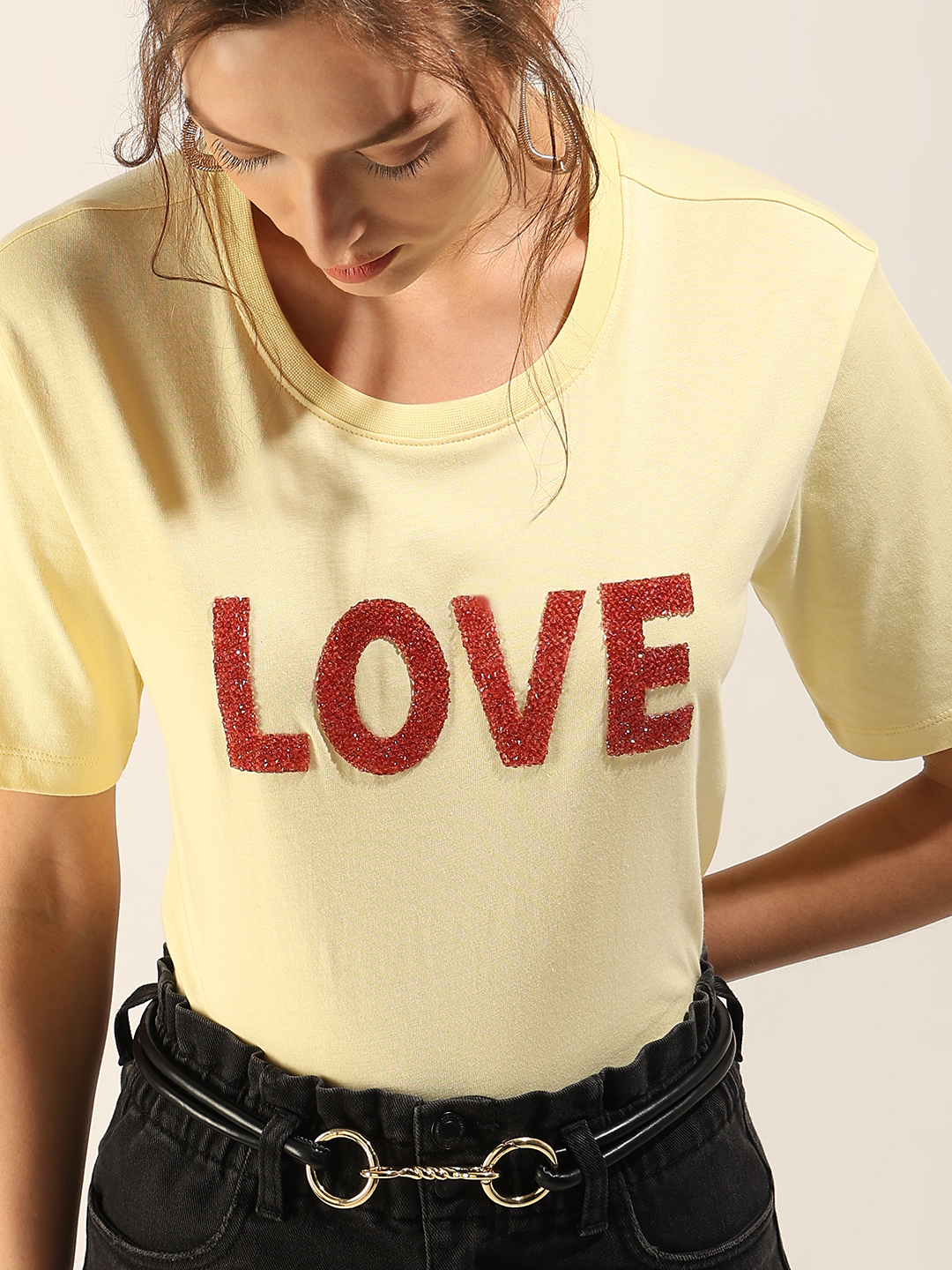 Vero Moda Women Embellished Yellow T-Shirt