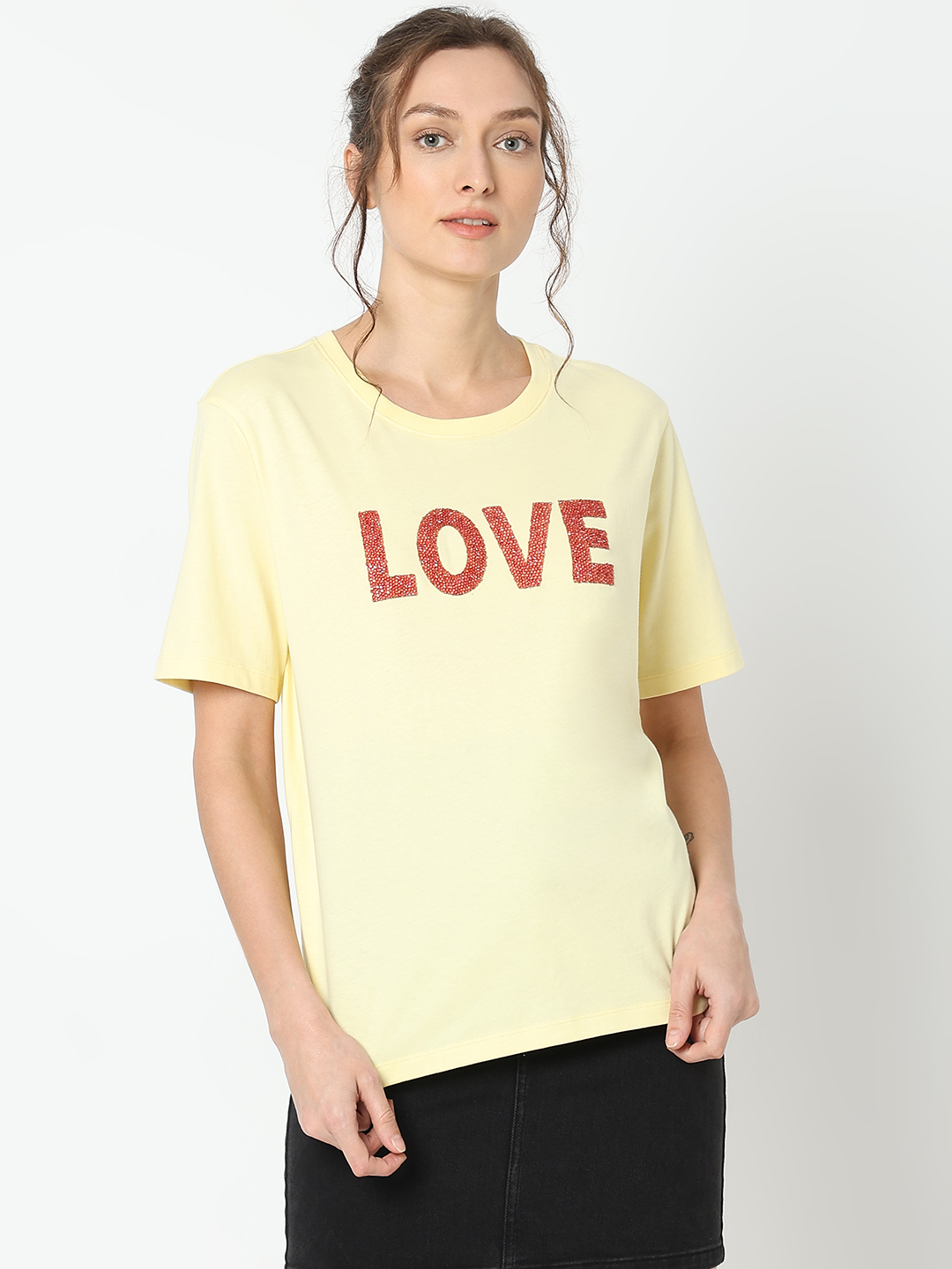 Vero Moda Women Embellished Yellow T-Shirt