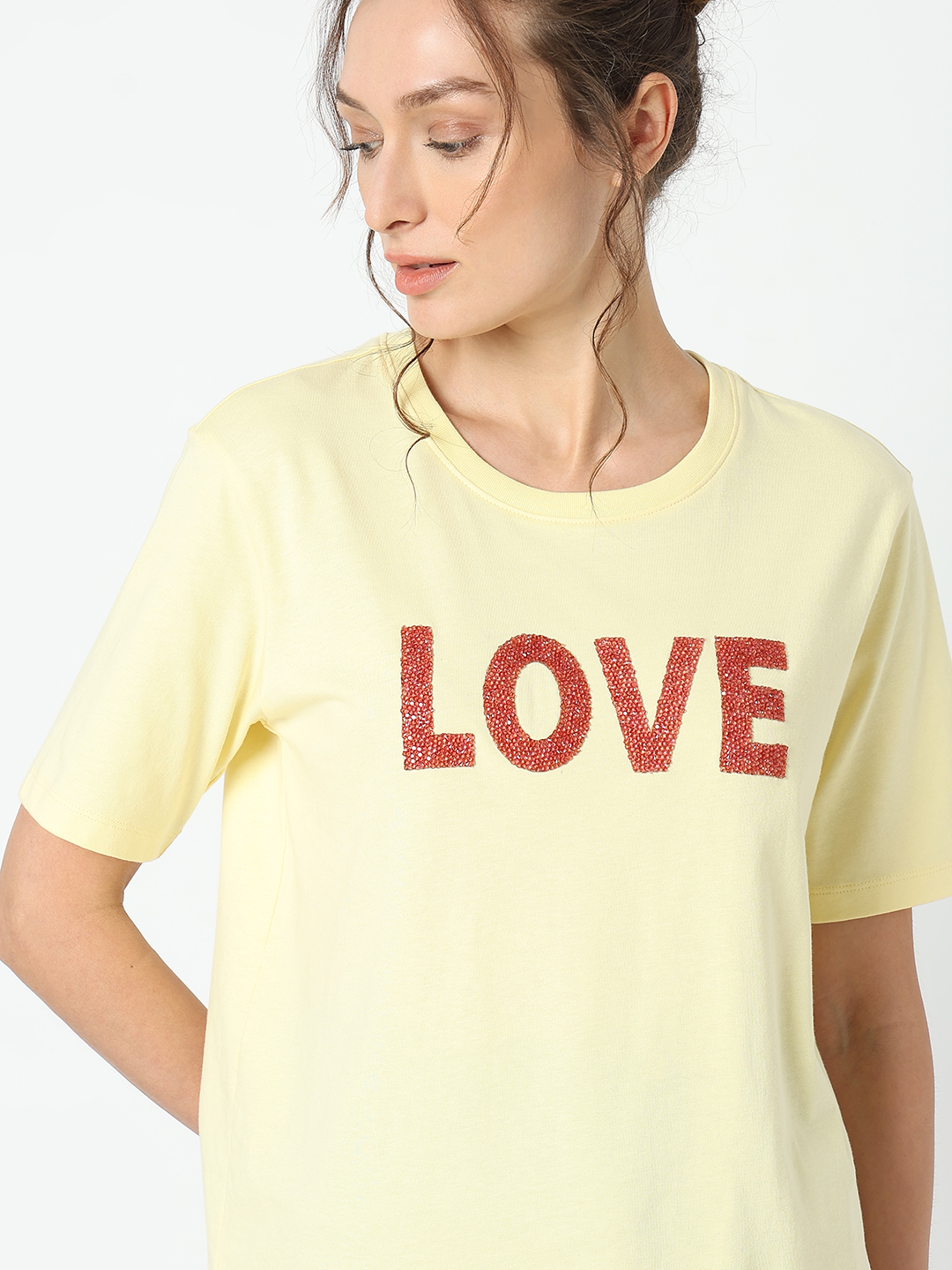Vero Moda Women Embellished Yellow T-Shirt