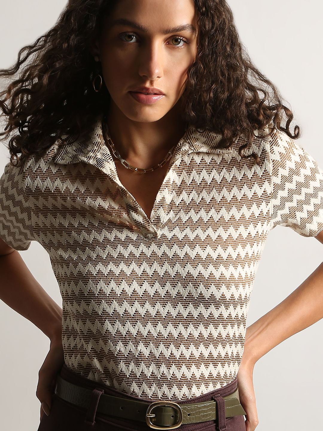 Vero Moda Women Self Design Brown T-Shirt