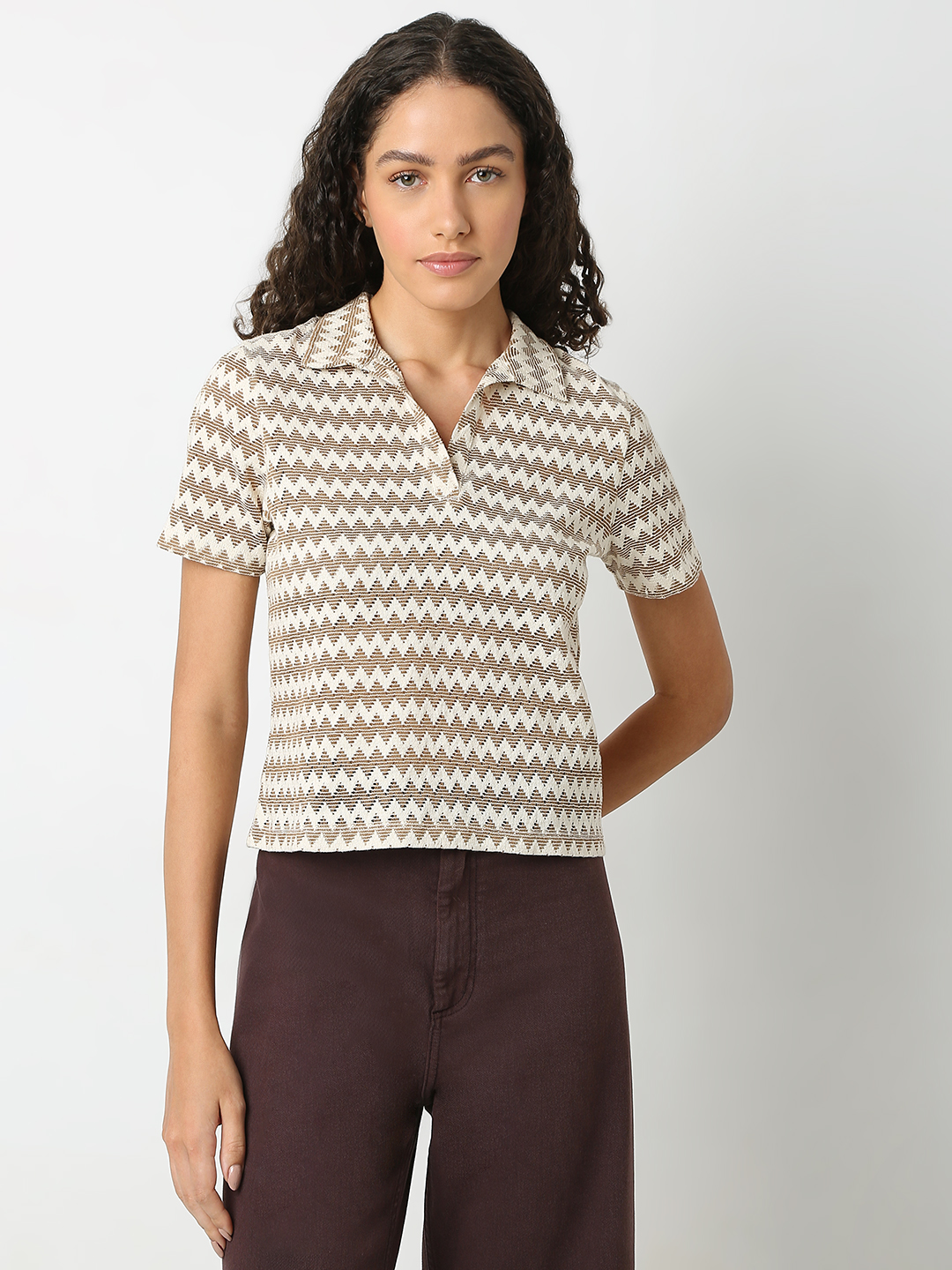 Vero Moda Women Self Design Brown T-Shirt