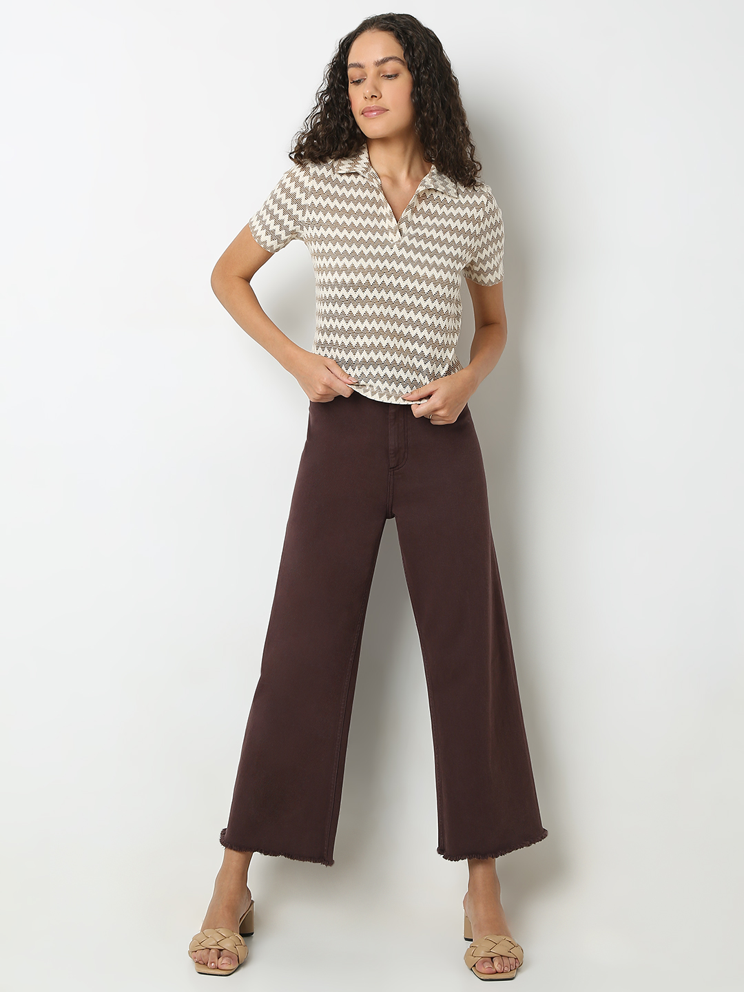 Vero Moda Women Self Design Brown T-Shirt