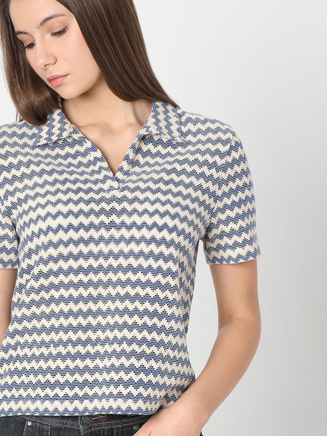 Vero Moda Women Self Design Beige T-Shirt