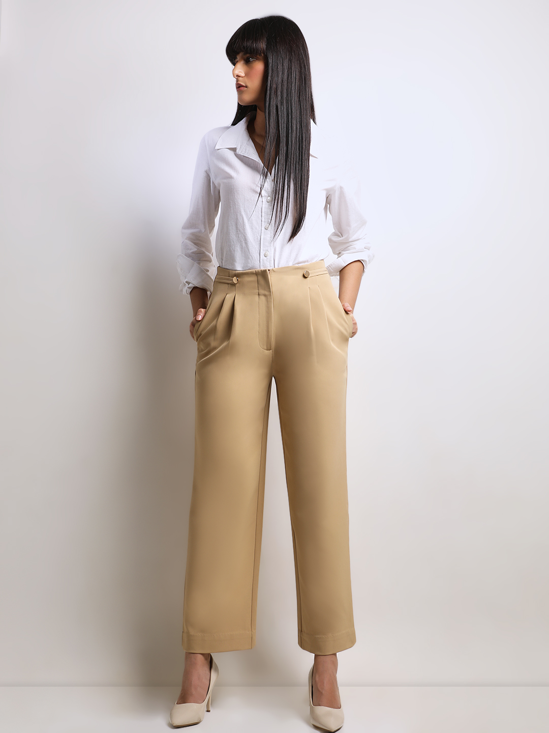 Vero Moda Women Solid Beige Trousers
