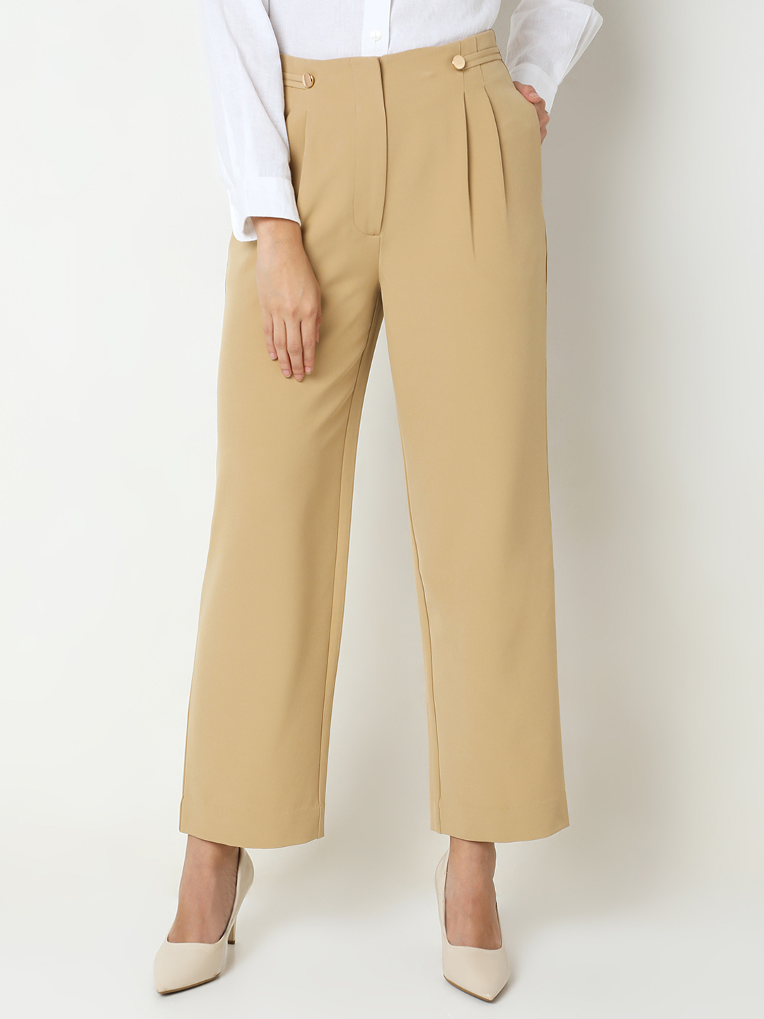 Vero Moda Women Solid Beige Trousers
