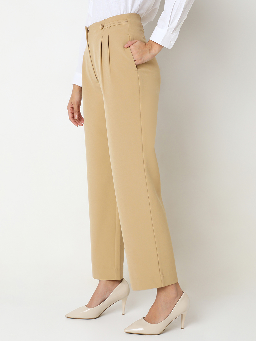 Vero Moda Women Solid Beige Trousers