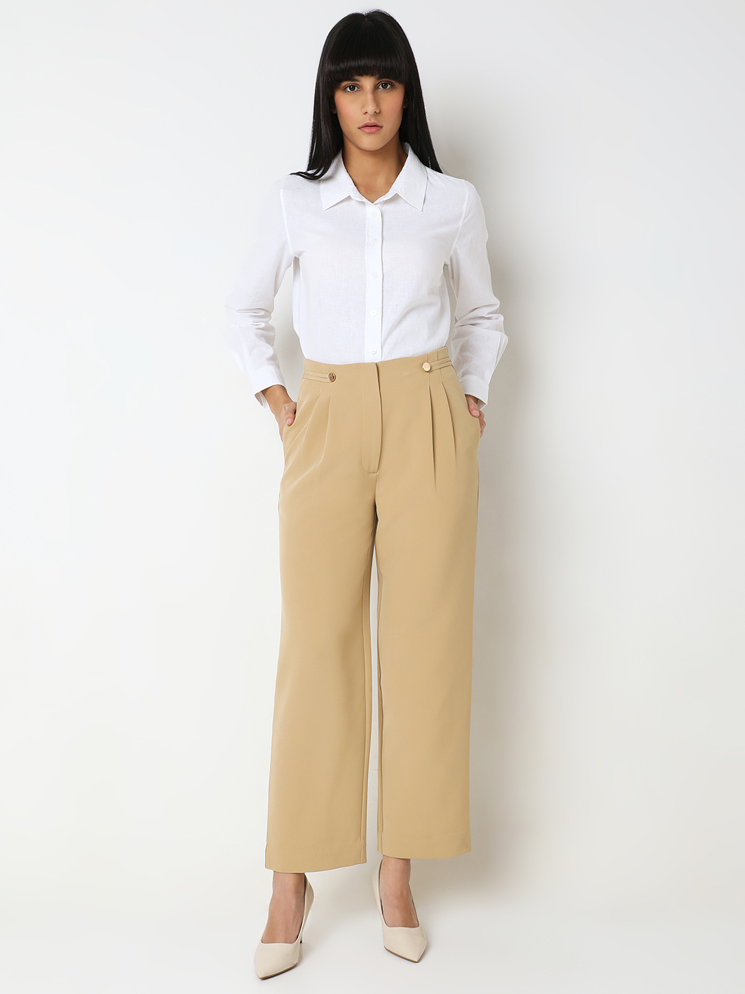 Vero Moda Women Solid Beige Trousers
