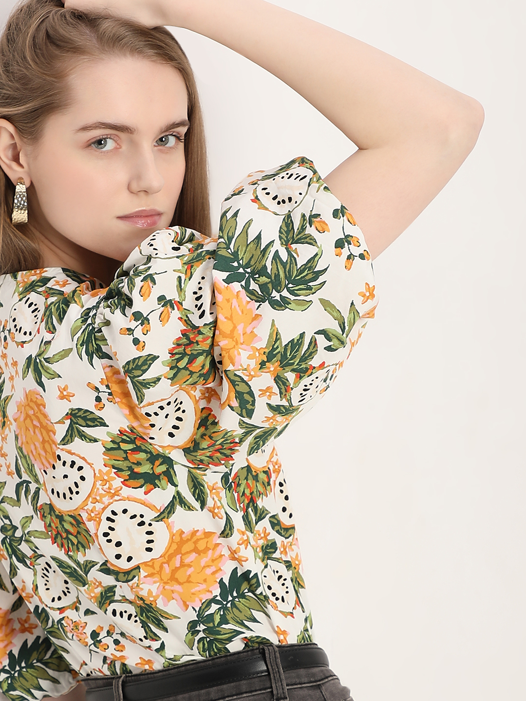 Vero Moda Women Tropical Print Beige Top