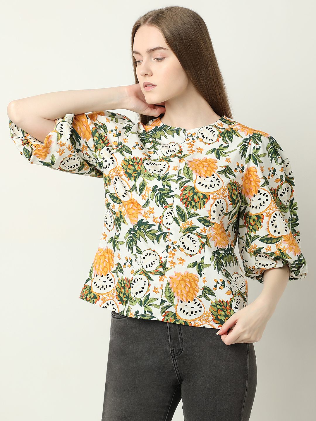Vero Moda Women Tropical Print Beige Top