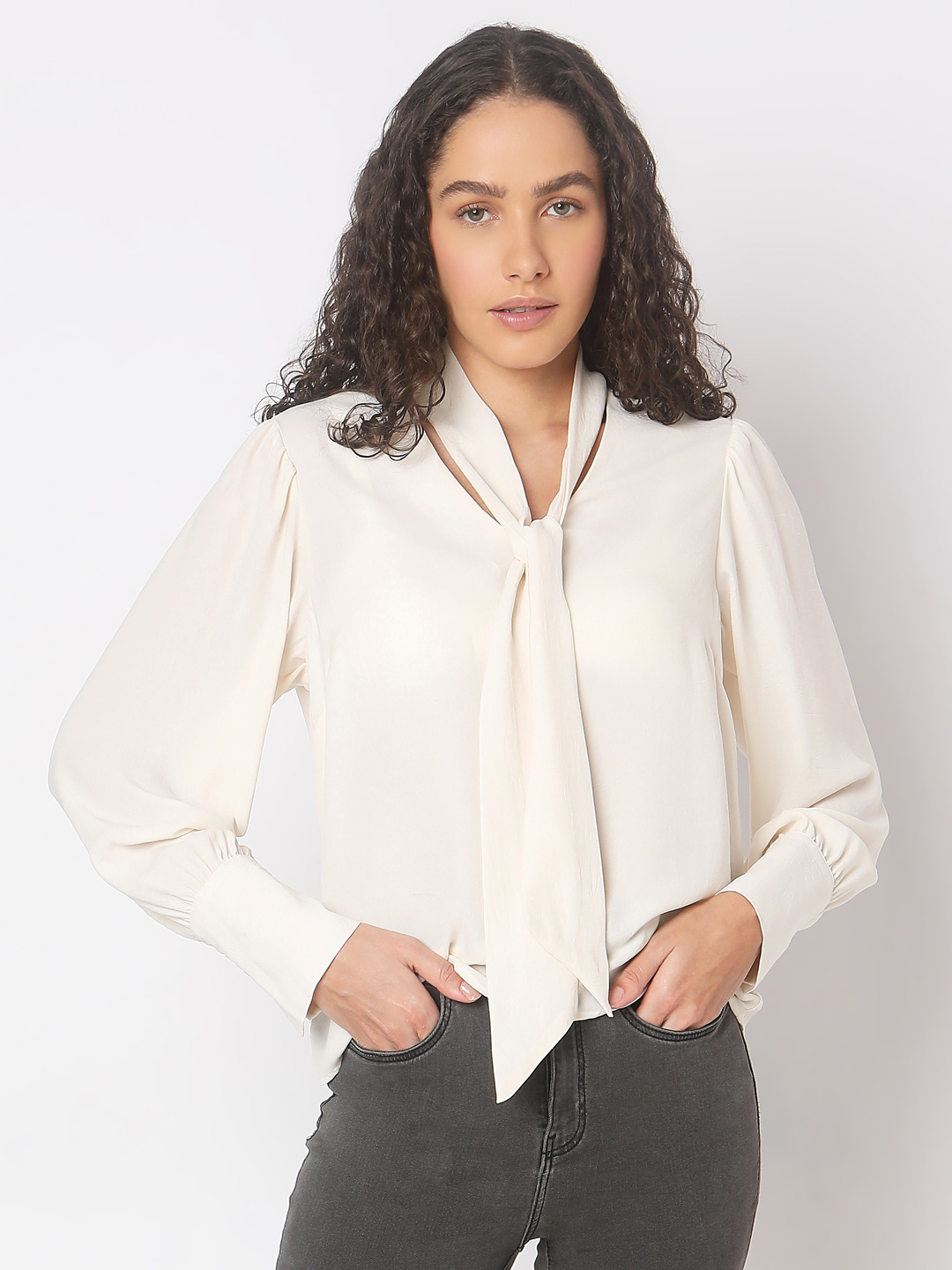 Vero Moda Women Solid Beige Top
