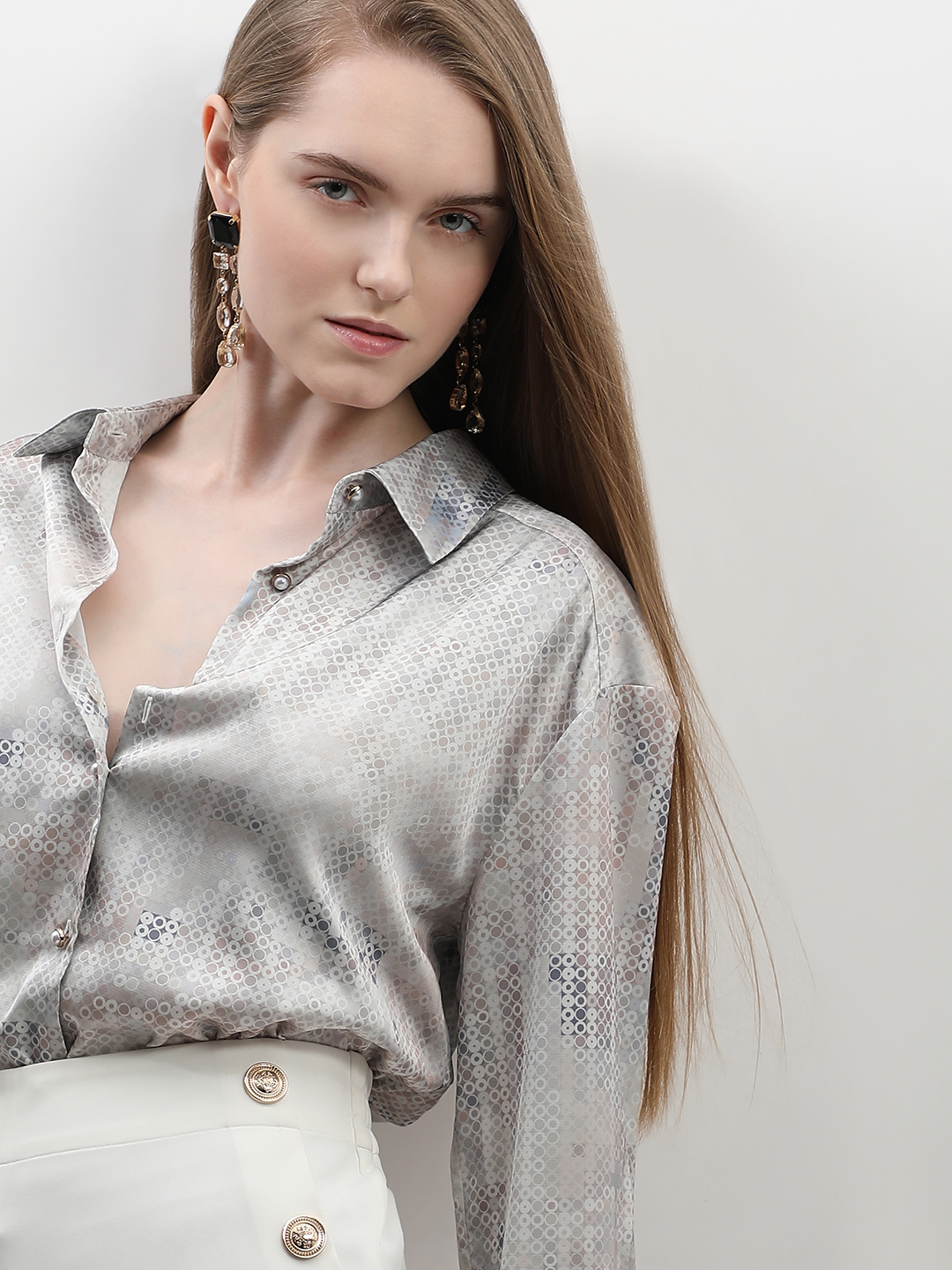Vero Moda Women Geometric Print Grey Shirt