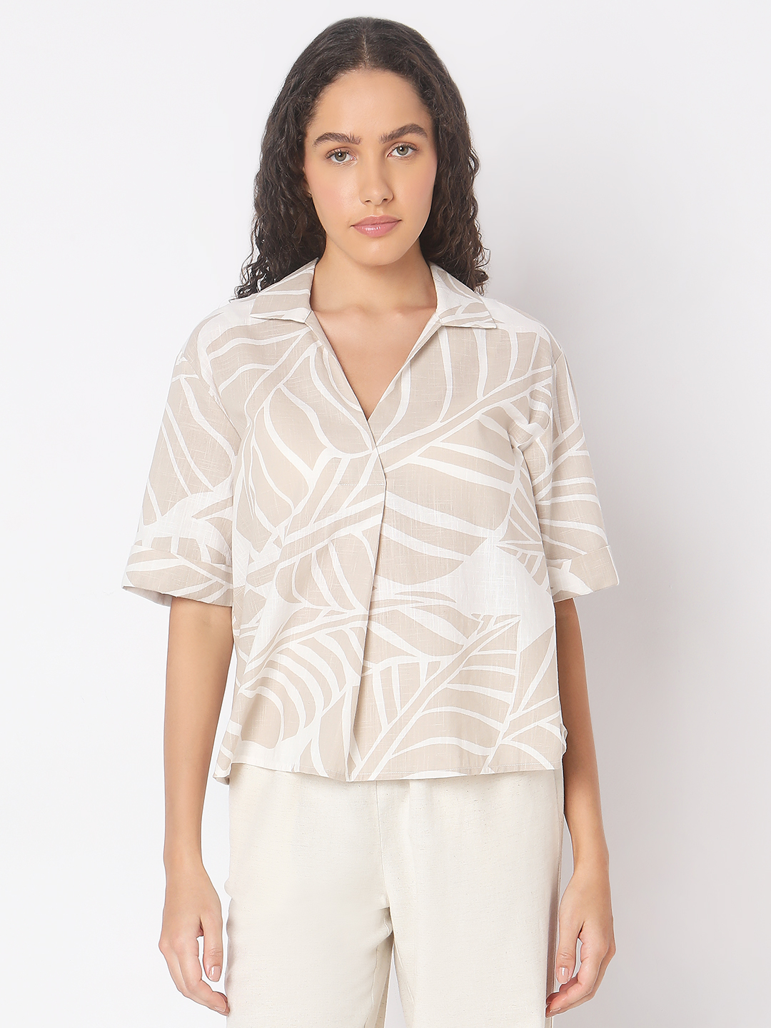 Vero Moda Women Abstract Beige Shirt