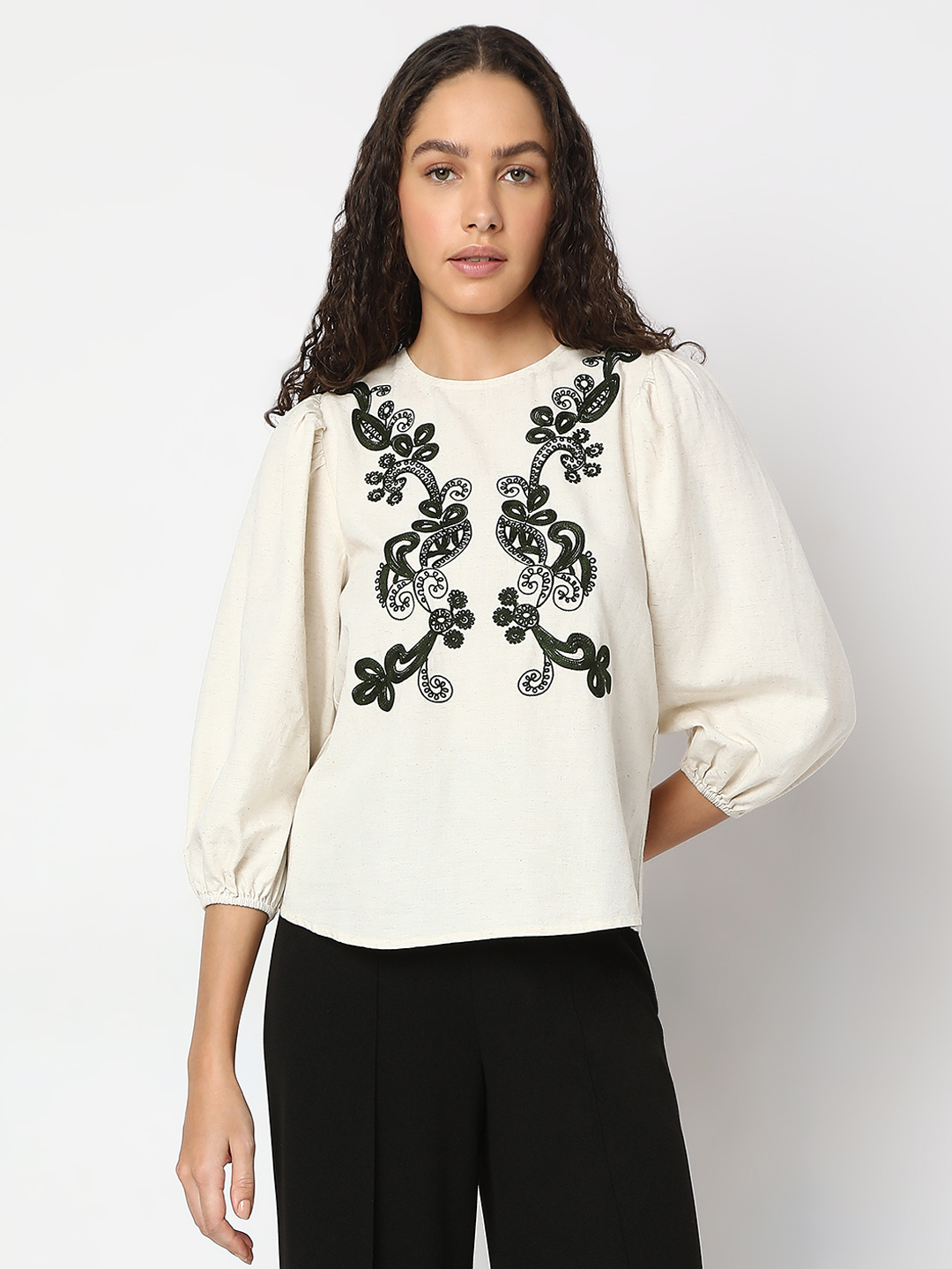 Vero Moda Women Embroidered Beige Top