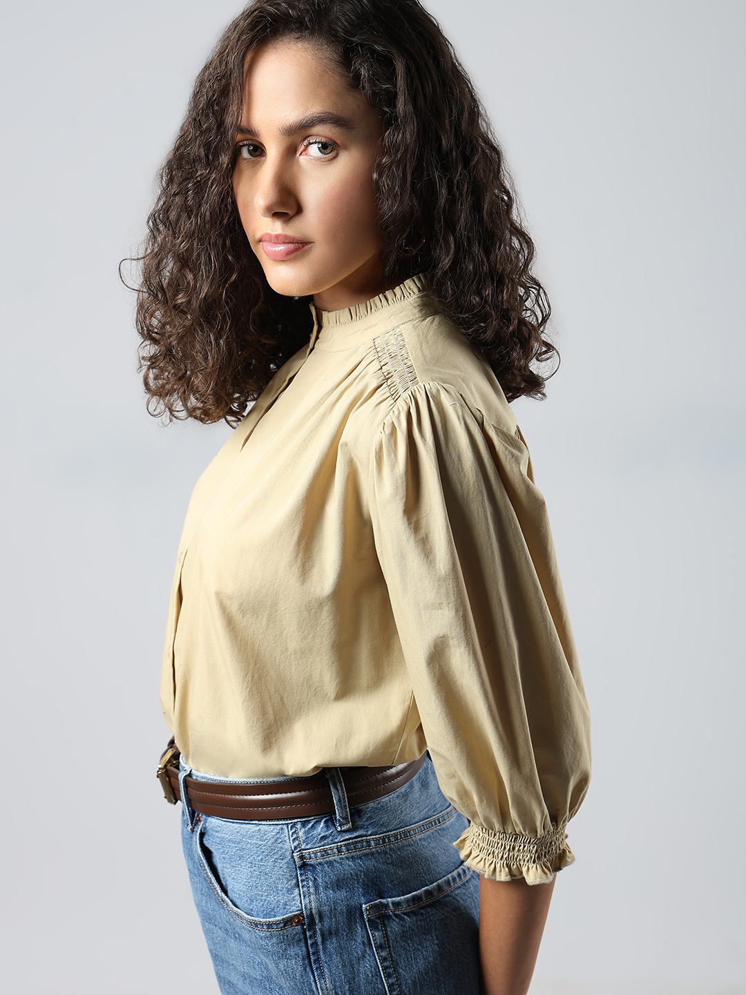 Vero Moda Women Solid Beige Top