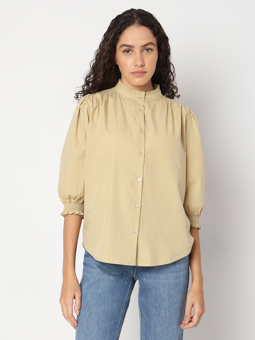 Vero Moda Women Solid Beige Top