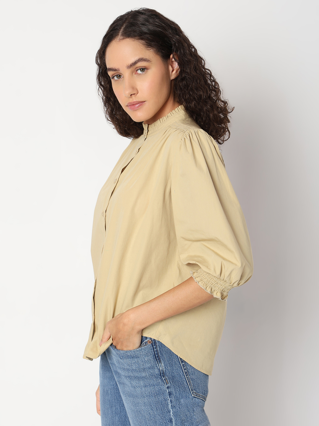 Vero Moda Women Solid Beige Top